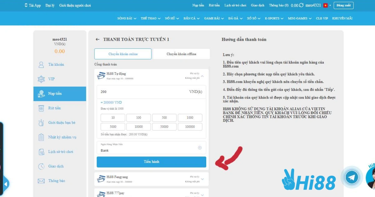 Chính sách gửi và rút tiền tại HI88